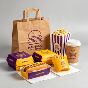 One-Stop Sustainable Custom Logo Burger <b>Box</b> Chicken Nugget <b>Box</b> Coffee <b>Cup</b> Packaging Set Recyclable Kraft Paper Bag with Handle - Product Image 3