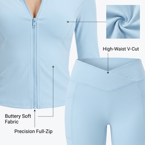 Custom OEM 3-Piece Yoga Set Heavyweight V-Waist Sports Bra <b>Flare</b> <b>Leggings</b> and Zip-up Jacket Activewear for Women Super September - Product Image 4