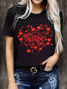 T-shirt da donna nera con stampa a cuore per San Valentino, girocollo, manica corta, top casual, materiale morbido, vestibilità rilassata - Product Image 3