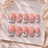 Lot de 10 faux ongles 3D dorés français 2.0 carrés courbés faits à la main en acrylique PMMA, à presser, couvrance totale, réutilisables