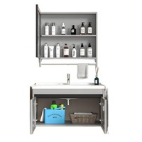 Ensemble de meuble-lavabo de salle de bain moderne avec miroir LED intelligent rectangulaire, armoire en aluminium et vasque en céramique pour projets hôteliers