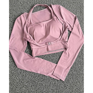 Otoño nueva moda de manga corta de punto transpirable de dos piezas ropa deportiva para mujer <span class=keywords><strong>gimnasio</strong></span> Yoga entrenamiento Top - Product Image 4
