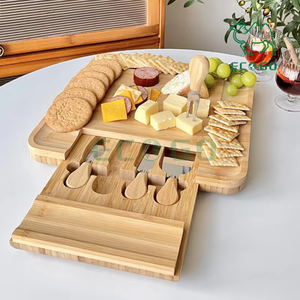 Plateau de service alimentaire carré en bambou pour la maison, la cuisine, les fêtes, les cadeaux, mini planche à fromage avec ensemble de couteaux - Product Image 2