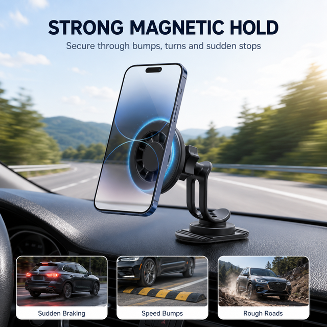 Hollow Heat Dissipation Magnetic Aluminum Alloy Car Phone Mount Curved Arm Suction Cup Dashboard Holder MagSafe 360 Degree