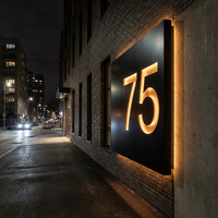 Enseignes d'adresse 3D flottantes en métal noir mat rétroéclairées personnalisées pour bâtiments, avec effet halo LED chaud, étanches IP65 pour entreprises