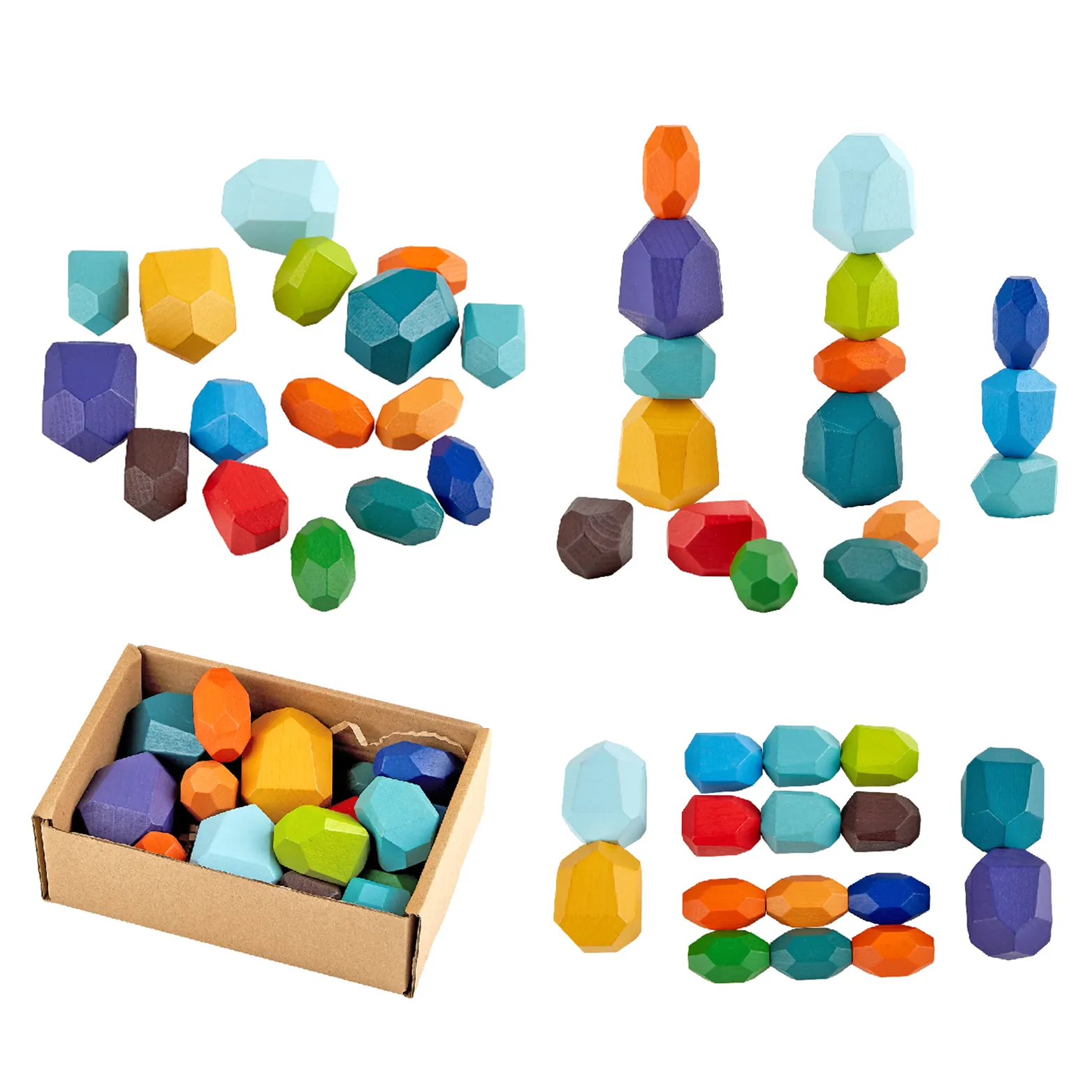 Mainan Susun Montessori Pelangi, Blok Bangunan Kayu Batu Keseimbangan