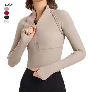Women Quick Dry Stand Collar Slim Running Tops Casual Solid Color Thumb Hole Body Shaping Front Half Zip Gym Yoga Clothing