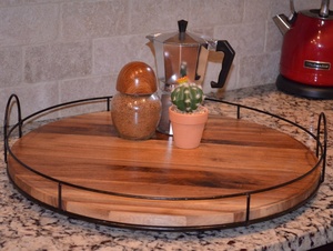 Large Rotating Walnut Wooden Lazy Susan Turntable With Metal <strong>Rails</strong> in Handmade - Product Image 2