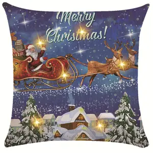 Fokusent Pillow Case with LED light Merry Christmas decorative linen cushion cover Elk and sleigh for home sofa and couch decor