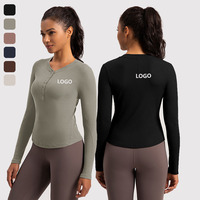 XW-CX84 setengah ritsleting pakaian aktivitas kebugaran lengan panjang kustom Logo Yoga Ribbed korset Gym kancing Atasan wanita olahraga