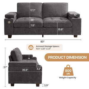 Canapé deux places pour salon, canapé moderne en chenille rembourré avec accoudoirs réglables et rangement, canapé deux places pour appartement - Product Image 6