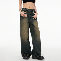 Jeans pour femmes grande taille vintage avec logo personnalisé, 100% coton, taille mi-haute, coupe ample, jambe large, multi-rivets et boutons, vente en gros