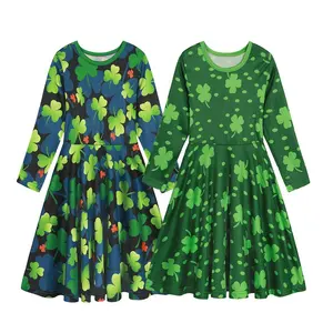 Low Moq Customize Kids Causal Dresses Long Sleeves A line Irish St Patricks Green Lucky Leprechaun Fancy Dress