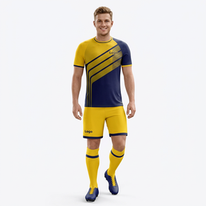 Ensemble d'uniformes de football personnalisés jaune et bleu marine à rayures, maillot et short sublimés, unisexe adulte, toutes saisons, anti-humidité, coupe athlétique - Product Image 5