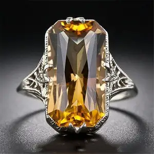 Hot Sale Citrine Cut-Out Engraved Hollowed Rings Exaggerated Silvery Sterling Hand Jewelry for Women Gemstone Wedding Girl Party