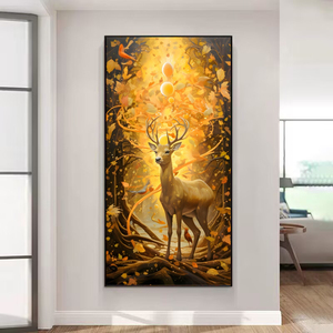 Dipinto Decorativo per Ingresso, Arte da Parete per Corridoio, Cervo Dorato con Lampada LED, Intarsiato con Cristalli di Diamante, Pittura in Porcellana - Product Image 2