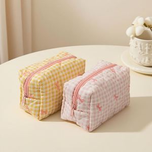 Bolsa Organizadora de Maquillaje de Viaje para Mujer, de Algodón, con Diseño a Cuadros y Lazo, Ecológica, de Gran Capacidad, Personalizada, con Cierre, para Damas de Honor - Product Image 5