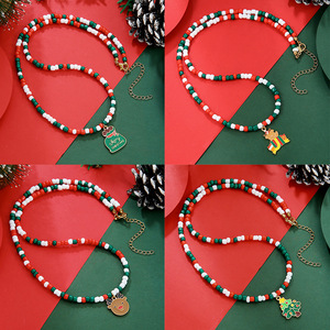 Christmas Layered <b>Necklace</b> Women's Double Strand Beaded Choker With Pendant Gift Jewelry - Product Image 4