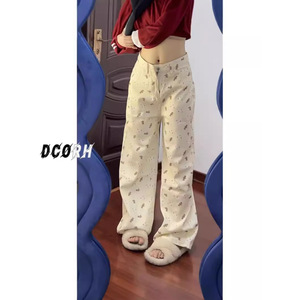 Femmes 2025 nouveau Design taille haute droite jambe large jean mince coréen imprimé blanc mince épaisseur pantalon pour le printemps automne - Product Image 2