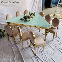 Chaises et tables pour enfants en acier inoxydable doré avec plateau en verre de forme triangulaire, très vendues, pour les mariages