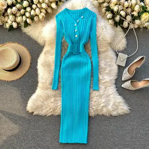 Autumn Casual Tunic Slim Knitted Maxi Dress For Women V-neck Long Sleeve Empire Lace Dresses Women's Fashion Dresses