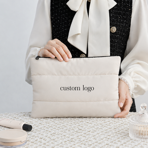 New Custom Large Capacity Printed Logo Cotton Nylon Soft Light Puffer Puffy Hight Quilted <b>Make</b> <b>Up</b> <b>Pouch</b> Makeup Cosmetic Bag - Product Image 1