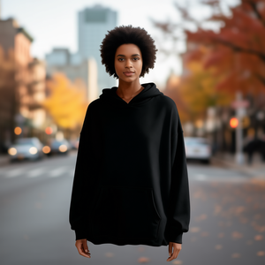 Sweat à capuche unisexe noir surdimensionné 100 % polyester French Terry personnalisable avec impression par transfert thermique, vêtement décontracté pour l'automne - Product Image 2