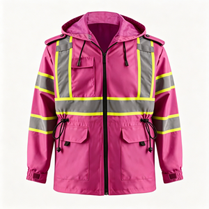<b>Pink</b> High Visibility ANSI Class 1 EN ISO 20471 Certified <b>Waterproof</b> Rain <b>Jacket</b> for Women Breathable Reflective Safety Coat - Product Image 1