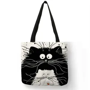 时尚可爱猫促销可重复使用可水洗全印花棉帆布手提包购物袋