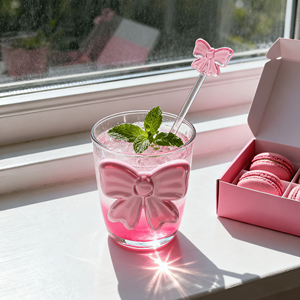 女の子用ピンクのリボン付き手吹きガラス製朝食用水・お茶・ジュース・牛乳用マグカップギフト、高ホウケイ酸ガラス製ピンクの蝶柄グラス - Product Image 5