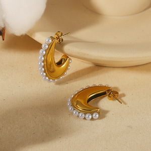 C-Shaped <b>Moon</b> Earrings 18K Gold Stainless Steel Stud Imitation Pearl Party Fashion Jewelry - Product Image 1