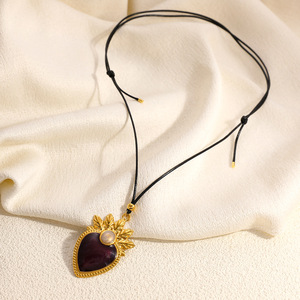 SUMMLY Vintage Drip Oil 18K Gold Plated Stainless Steel Heart <strong>Pendant</strong> Leather <strong>Cord</strong> <strong>Drop</strong> Necklace Fashion Jewelry - Product Image 3