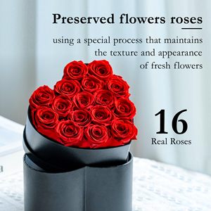 16 Pcs Tête De Rosas Dans Une Boîte Noire Pour La Décoration Fleur Éternelle Rose Préservée Dans Une Boîte En Forme De Coeur - Product Image 3