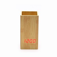 Réveil numérique à commande vocale avec porte-stylo en bois, créatif, pour étudiant, bureau, alimenté par USB/batterie, organisateur de crayons LED