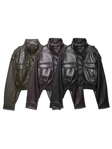 ZEVITY 2026 <strong>Women</strong> Faux Leather Spring Autumn Short Cropped Vintage Bomber <strong>Jacket</strong> with Pockets Long Sleeve Zipper Closure PU Tops - Product Image 1