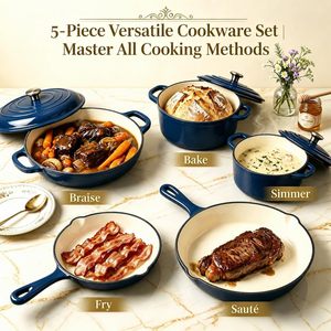 Multi Color Enameled Cast Iron Cookware <b>Set</b> Heavy Duty Kitchen <b>Pots</b> <b>Pans</b> for Home Indoor Culinary Preparation Work - Product Image 5