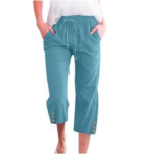 <span class=keywords><strong>Pantaloni</strong></span> corti estivi da donna <span class=keywords><strong>pantaloni</strong></span> a tinta unita tinta unita in cotone per la casa con coulisse Casual con bottoni larghi - Product Image 1