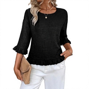 Women's Black Knitted Ruffle Sleeve Blouse O-Neck Loose Fit Casual <b>Top</b> Three Quarter Sleeves Solid Color All Seasons Wear - Product Image 2