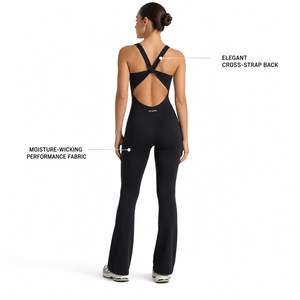 Charlo Women Premium Fitness Jumpsuit One Piece <b>Bodysuit</b> Flare Leg Cross Strap Back <b>Gym</b> Workout Wholesale Custom OEM GCC - Product Image 3