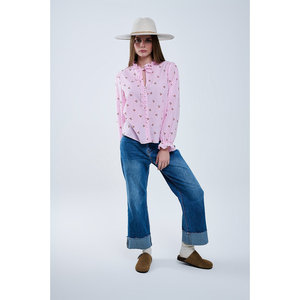 Blusa in stile romantico con stampa a quadri rosa a maniche lunghe con dettagli in ciliegio e fiocco legato - Product Image 1