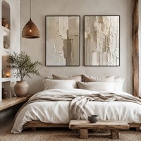 Ensemble de 2 grandes peintures à l'huile abstraites texturées 3D beige et grises peintes à la main, style moderne, décoration murale sur toile