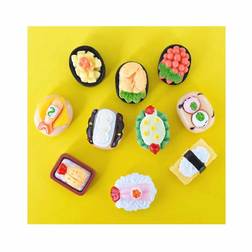 HENGXIN Mini Comida Jogar Manga Caranguejo Caviar Queijo Durian Legumes Raiz de Lótus Enguia Sushi Série Resina Encantos Para Dollhouse DIY