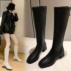 Autunno e inverno nuovi stivali lunghi in pelle con cerniera posteriore di grandi dimensioni stivali alti tacchi alti spessi tacchi bassi stivali da cavaliere per le donne - Product Image 2