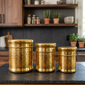 Juego de 3 Recipientes Redondos de Metal Dorado Martillado para Especias con Tapa, Contenedores Modernos para Almacenamiento de Alimentos - Product Image 5