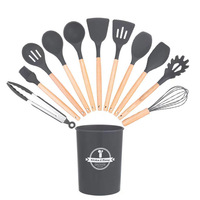 Ensemble d'ustensiles de cuisine en silicone 12 pièces avec support, ustensiles de cuisson antiadhésifs résistants à la chaleur, ensemble d'outils de cuisine à manche en bois
