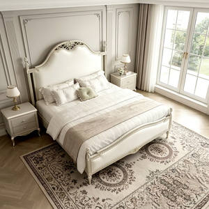 Premium Queen Size Light Champagne Spindle <b>Bed</b> With Cream Upholstered Ornate Carved Nailhead Headboard For Bedroom - Product Image 1