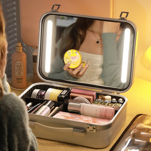 Trousse de maquillage personnalisée avec miroir LED, cadre en aluminium, grande capacité de rangement, pour usage domestique, design métallique couleur unie - Product Image 4