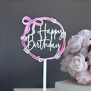 ท็อปเปอร์เค้กอะคริลิค ลายโบว์ สุขสันต์วันเกิด ตกแต่งเค้กสำหรับงานปาร์ตี้ - Product Image 2