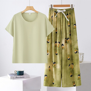 Ensemble de vêtements de nuit en coton et soie pour femmes, manches courtes, imprimé floral, coupe ample, pyjama d'été, pantalon court, col rond - Product Image 3