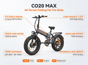 Bicicleta Eléctrica Plegable Vakole CO20 Max con Llantas Anchas, Motor Dual de 750W, 48V 20Ah 960Wh, Sensor de Torque, IP65, para Todoterreno - Product Image 2